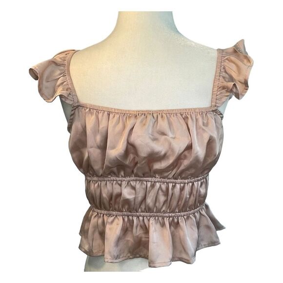 Forever 21 Satin Ruffle Trim Tie Front Top Pale Peach Square Neck Cropped S - Picture 5 of 9
